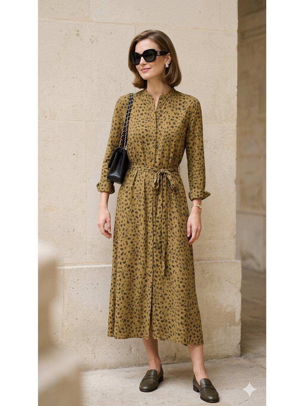 Anthropologie Leopard Print Midi Shirt Dress Belted Button Front Sz XS Oldmoney